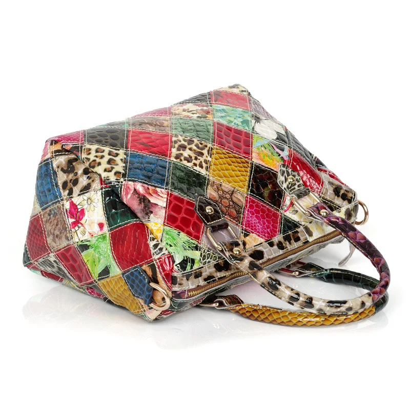 

Cow Leather Patchwork Multi-color Boston Handbag Lady Genuine Leather Big Capacity Boho Style Work Daily Messenger Bag for Women