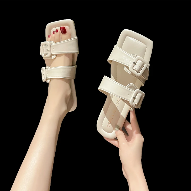 

Beach Shoes Ladies' Slippers Luxury Slides Square Toe Slipers Women Low Sabot Designer 2021 Flat Soft Basic Fashion Casual PU R