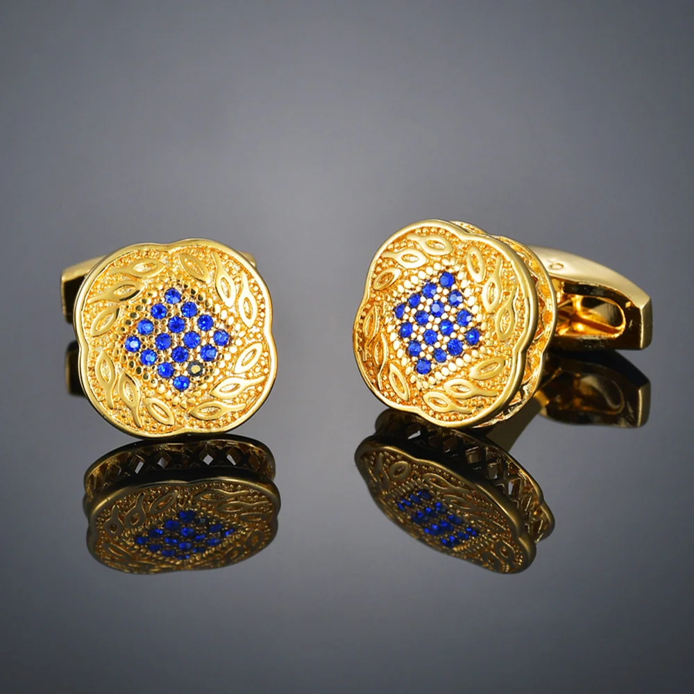 Blue Stones Flower Shape Vintage Cufflinks For Mens Shirt Cuff Links Buttons High Quality Pattern Wedding Jewelry Gift