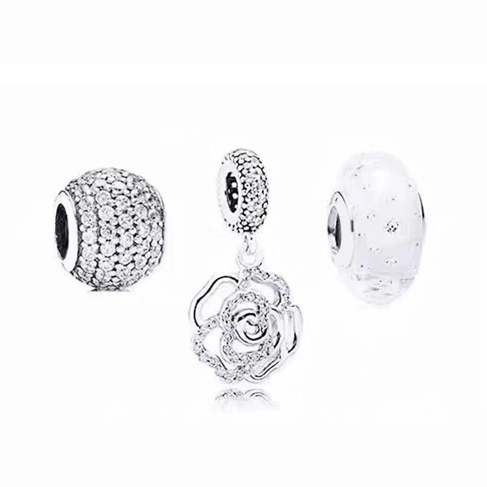 

NEW 100% 925 Sterling Silver Pave Zircon Charm Beaded Rose Pendant Bubble Glass Bead Set Charming and Elegant Gift Surprise