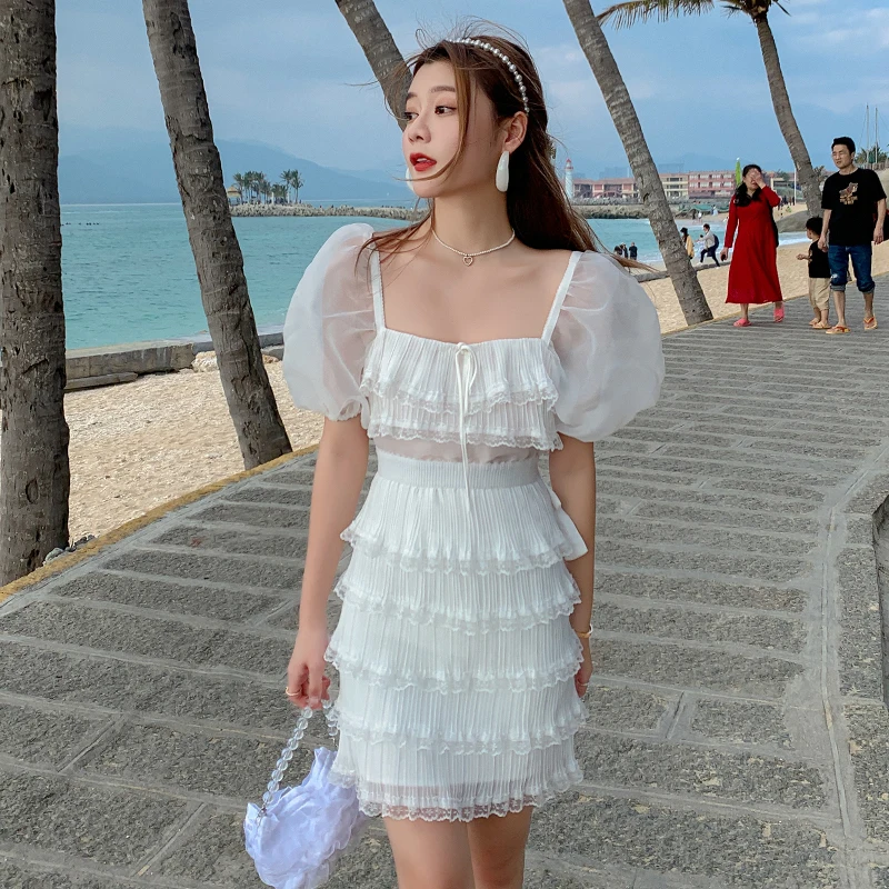 

Женское Сетчатое платье с квадратным вырезом, белое кружевное лоскутное платье мини с открытой спиной и оборками для отдыха