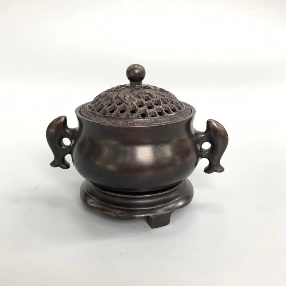 

Home Decor 5" Tibet Buddhism Temple Old Bronze Gilt Three-legged fish ear incense burner Incense Sandalwood burner