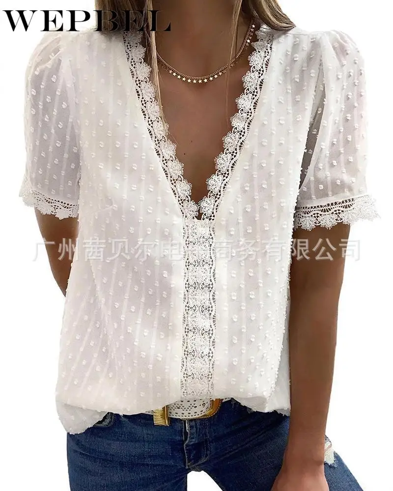 

Mandylandy Women Sexy Lace Hollow Out Shirt Top Lady Casual Short Sleeve Deep V Neck Loose White T-shirt