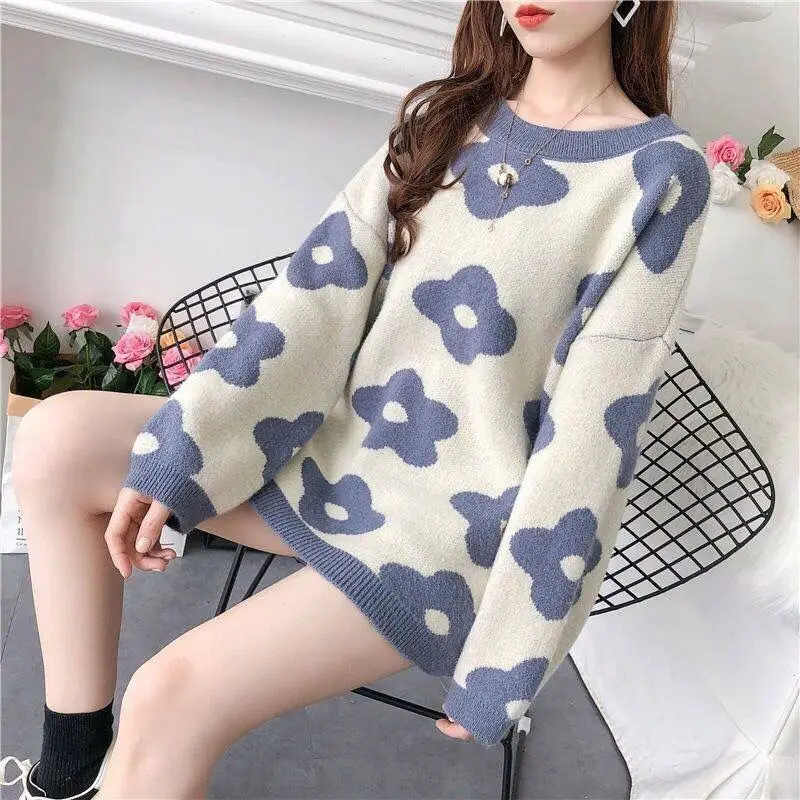

2021 Spring Autumn Sweater New Womens Hedging Warm Round Neck Long Sleeve Casual Bloom Short Knitting Tops Slim Female Costume