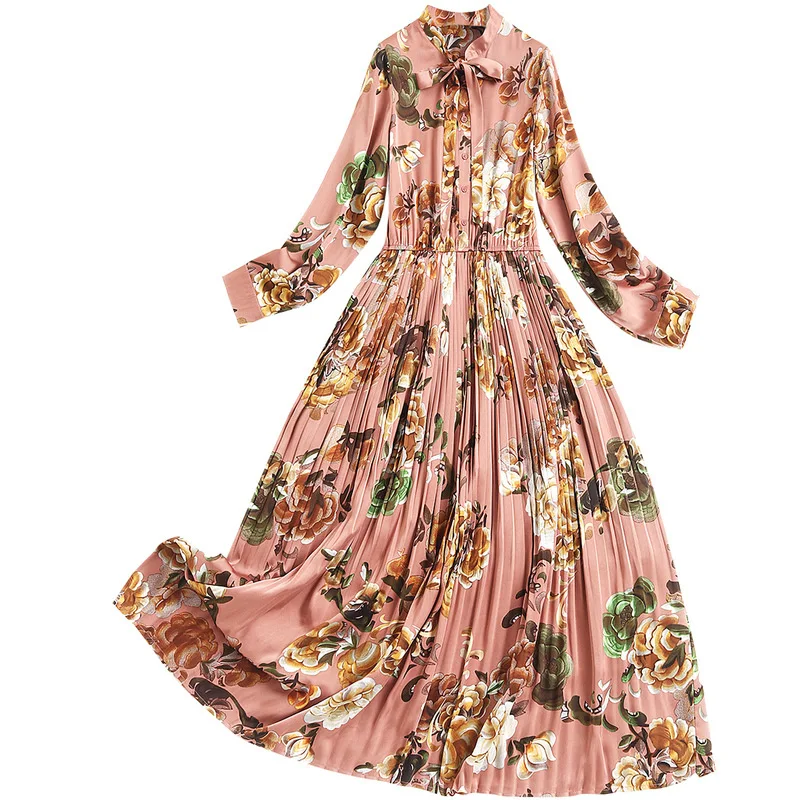 

AELESEEN Runway Fashion Pleated Dress Women Long Sleeve Bow Spring New Arrival Flower Print Elegant Party Dress