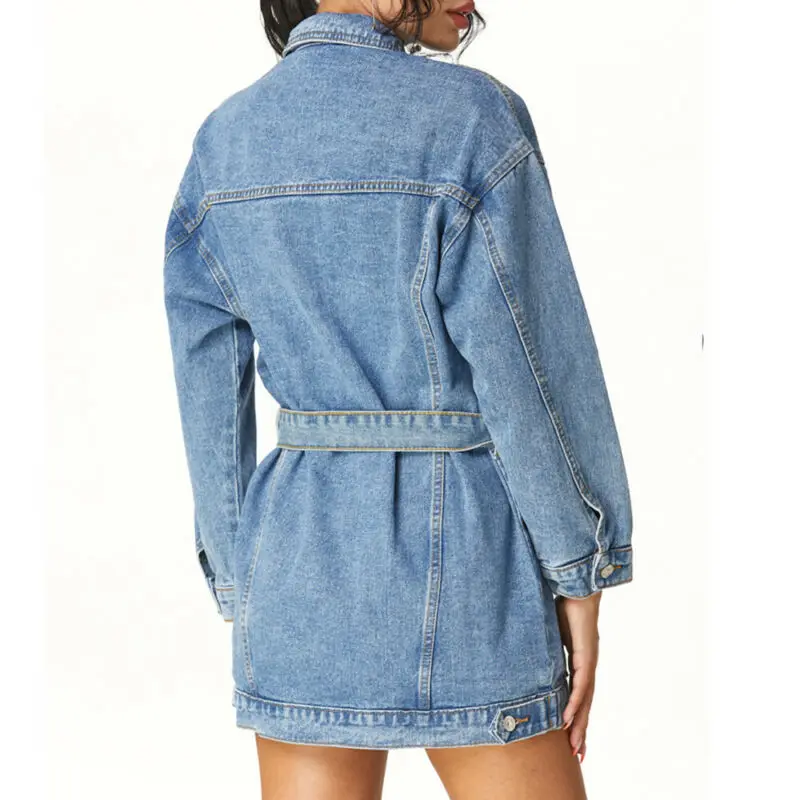 

Women Denim Long Sleeve Jeans Slim Jacket Ladies Coat Casual With Belt Outwear