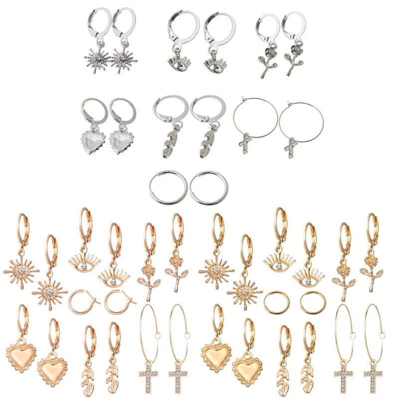 

7 Pairs Crystal Cross Eye Heart Star Hoop Dangle Earrings Set Flower Leaves Huggie Drop Earrings Women Fashion Jewerly