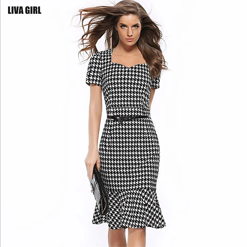 Женское элегантное платье для похудения летнее в ломаную клетку офисное женщин