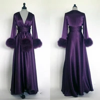 2020 charming purple night robe long sleeves fur party celebrity sleepwear cheap nightgowns robes