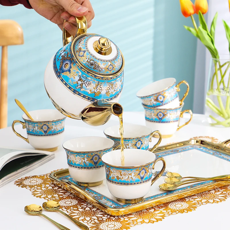 

Wedding Nordic Tea Set Luxury Bone China European Cup Flower Tea Set Modern Tea Kettle Jogo De Xicaras Teaware With Tray