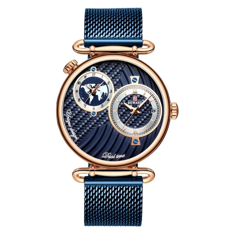 Часы наручные мужские кварцевые, модные брендовые Роскошные с двойным временем и сетчатым браслетом, подарок, синий цвет