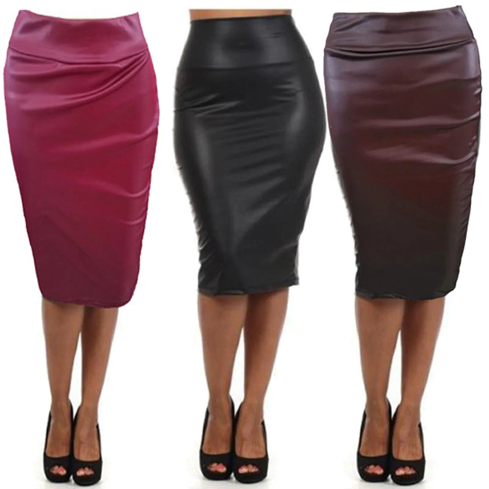 

Sexy Womens Fashion Leather Skirt Solid Colors Elegant Office Ladies High Waist Bodycon Knee Length Pencil Skirts Plus Size#g3