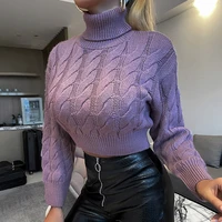 autumn and winter urban leisure purple cotton knit pullover solid color high neck twisted short long sleeved short sweater