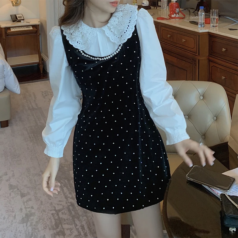 

COIGARSAM Lace Women dress Winter Peter pan Collar Spaghetti Strap Dresses Vest A707B