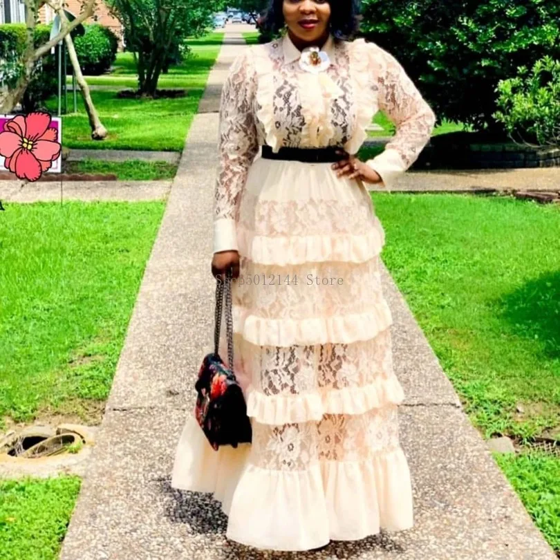 Осенняя мода для женщин с длинными рукавами кружевной оборкой платье макси