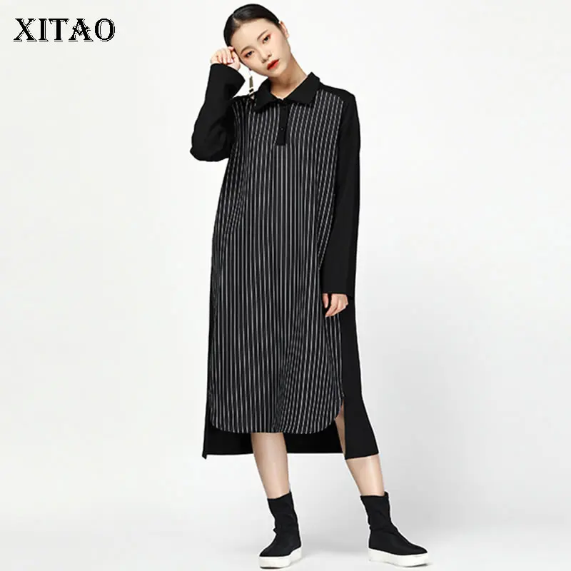 Женское платье с длинным рукавом XITAO осеннее до середины икры на кнопках отложным