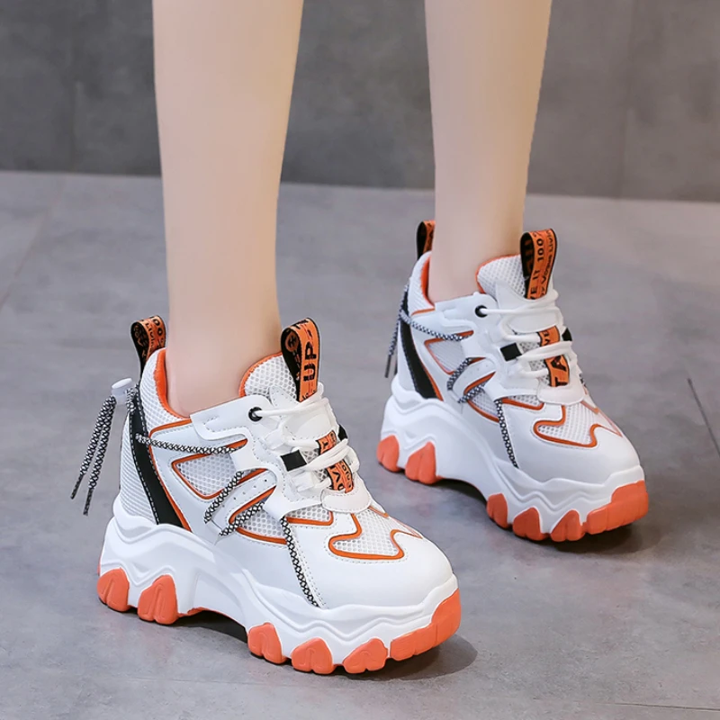 

Rimocy Autumn Breathable Mesh Sneakers Women Lace-up Super High Heels Hidden Heels Shoes Woman Chunky Platform Sneakers Ladies