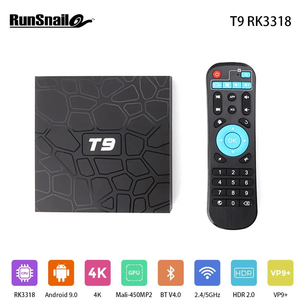 Runsnail Smart tv box T9 RK3318 четырехъядерный Android 9 0 телеприставка двойная 2 4G/5G wifi 4G 64G BT 4 100M RJ