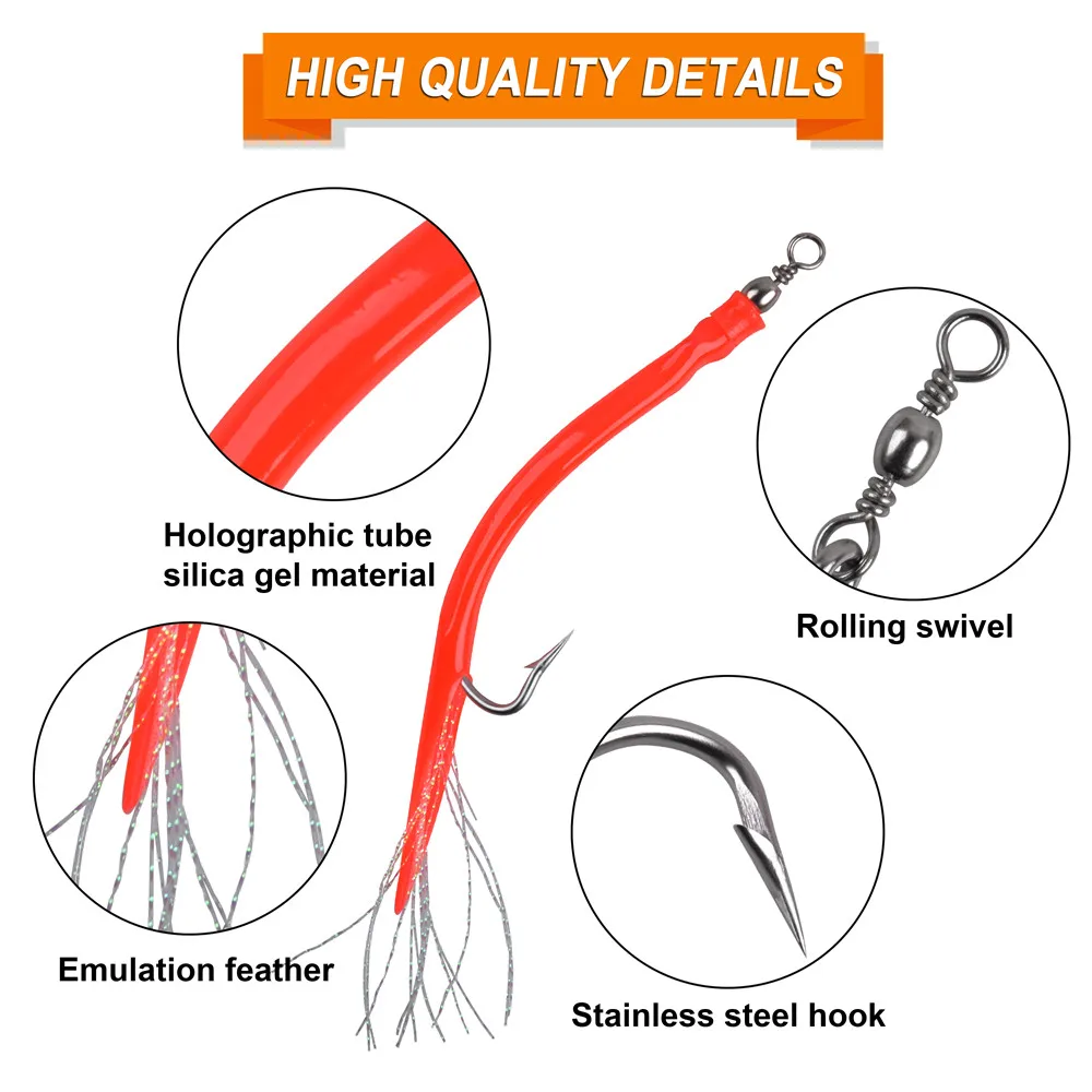 6Pcs Lange schaft angelhaken gestreiften Bass angeln locken Sand Aal offset haken Leuchtende Silikon Rohr Flash Kabeljau Teaser köder rigs – Detail 7