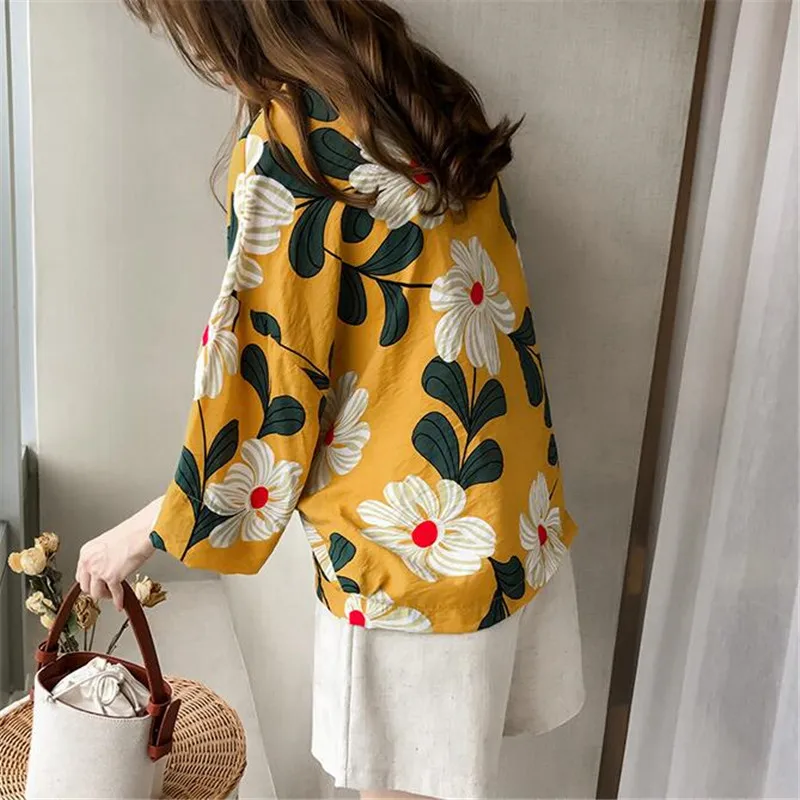 Женская винтажная блузка с цветочным принтом Dioufond рубашка коротким рукавом