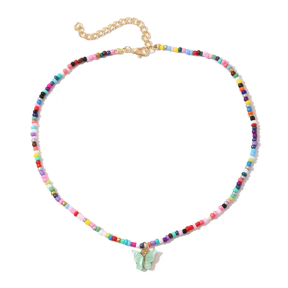 

Personality Colorful Beads Chain Choker Necklace Acrylic Butterfly Pendant Ethnic Style Necklace Simple New Jewelry Girl Gift