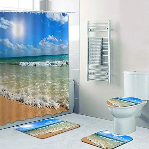 

Шторы для пляжа и душа с изображением голубого неба, с ковриками для ванной, нескользящая Крышка для унитаза, водонепроницаемая крышка для в...