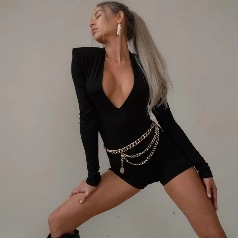 

2022 Autumn Fashion V Neck Long Sleeve Bodycon Women Bodysuit Party Casual Overalls Female Body Top Jumpsuit Outfits