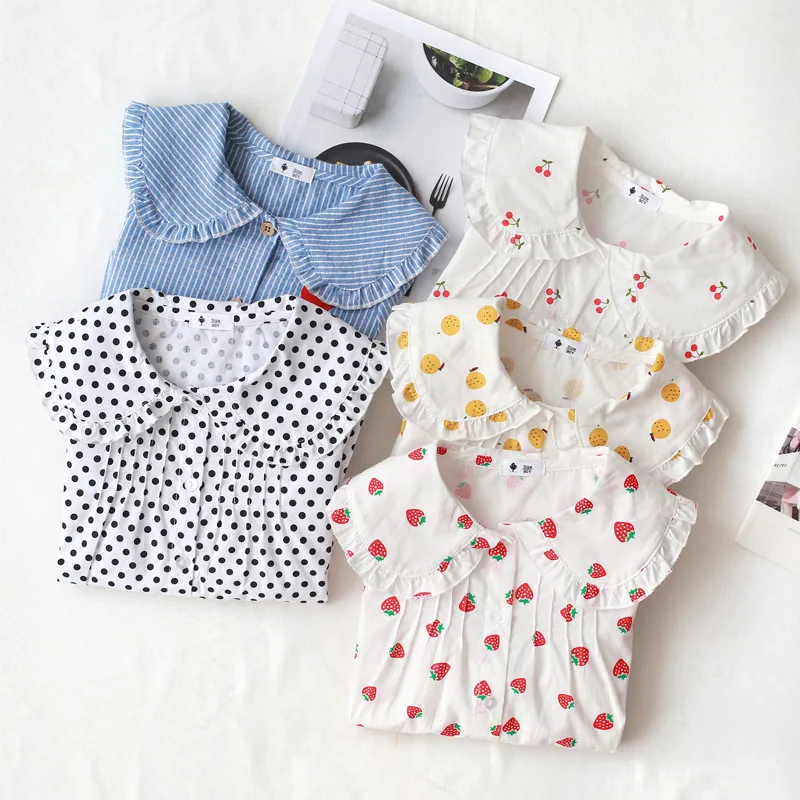 

Toddler Kids Shirts 2021 Spring New Baby Girls Long Sleeve Blouse Korean Lapel Lace Dots Print Cotton Blouse for Girl 2-8 Years