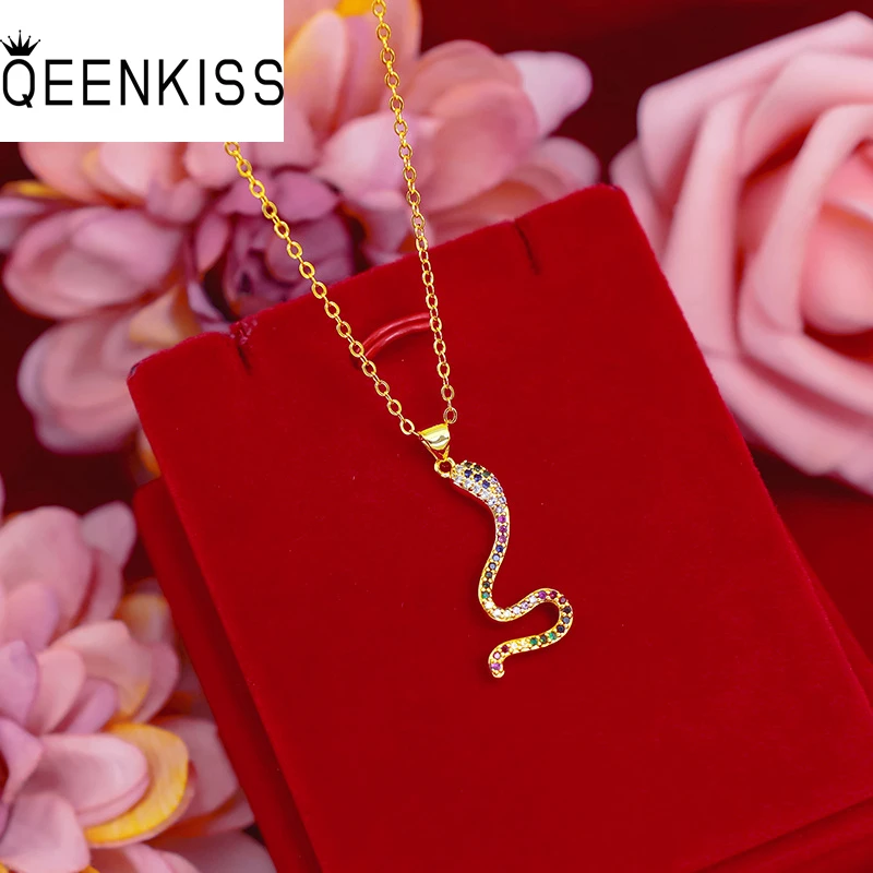 

QEENKISS NC5104 Fine Jewelry Wholesale Fashion Hot Woman Girl Birthday Wedding Gift Snake AAA Zircon 24KT Gold Pendant Necklaces