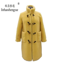 linhaoshengyue 2020 spring new fashion women blends wool 90cm lenght coat spring autumn winter fashion freeshipping
