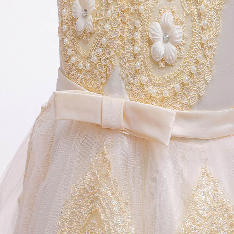 

Flower Girls Dress Illusion Appliques Pearls Crystal Embroidery Tulle Lace Knee-Length Luxury Red Kids Party Princess Gown F193