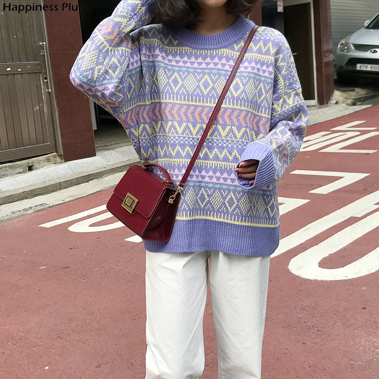 

Women's Sweaters Japanese Kawaii Ulzzang Retro Colorblock Geometric Sweater Female Korean Harajuku Clothing For Women
