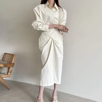 korean fashion design 2021 autumn new dress simplicity lapel high waist cross solid color long sleeve simplicity loose womens