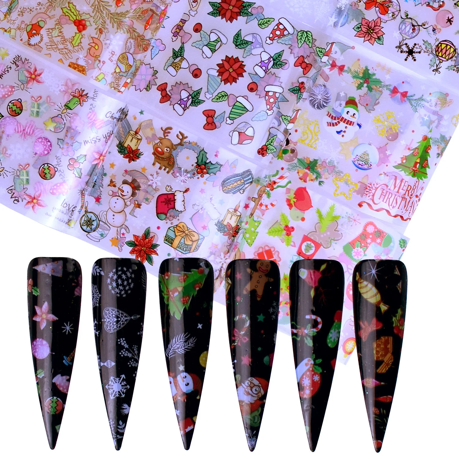 

10pcs Christmas Decorations for Nails Mix Colorful Transfer Nail Foil Sticker Snow Flower Elk Gift Santa Adhesive Paper