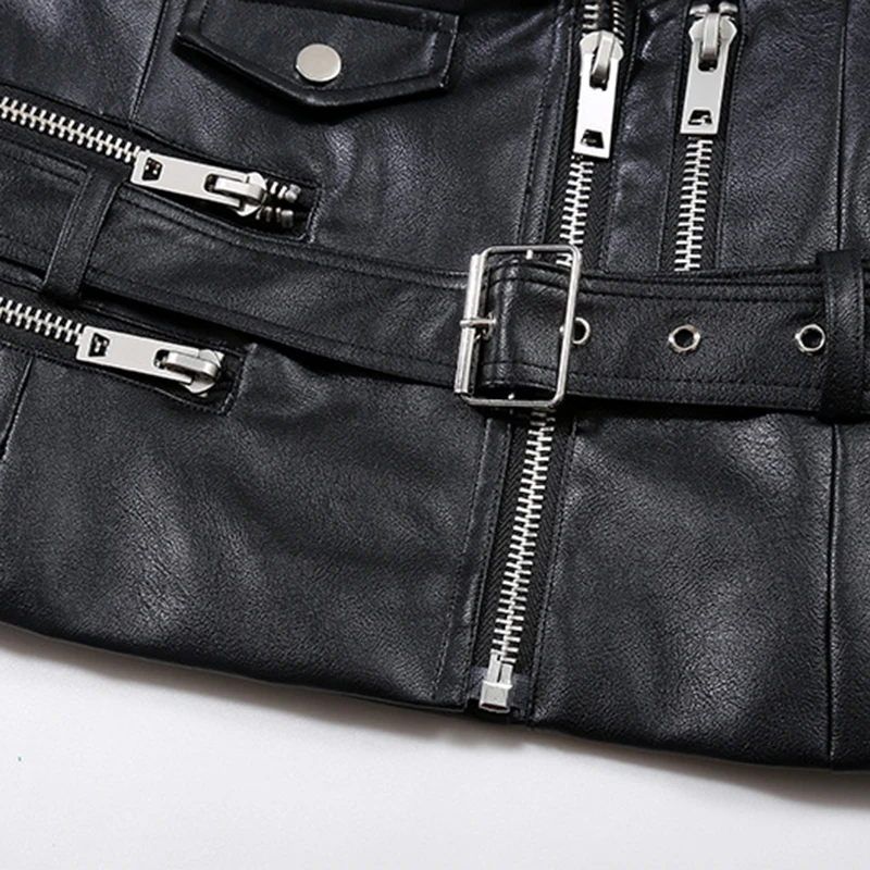 

CHICEVER Patchwork PU Jacket For Women Lapel Long Sleeve Slim Black Sashes Locomotive Oversized Jackets Female Fashion New Style