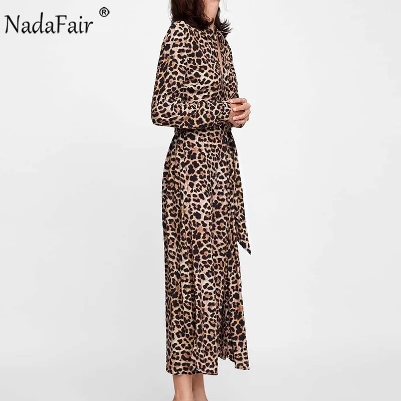 Nadafair/элегантное леопардовое Платье-туника с длинным рукавом и поясом на шнуровке, шифоновая рубашка, винтажные вечерние платья миди с животным принтом