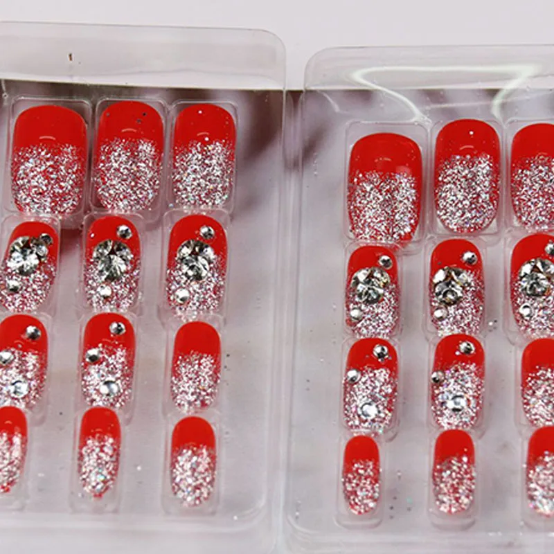 Свадебные блестящие стразы накладные ногти красного цвета 3D для свадебной