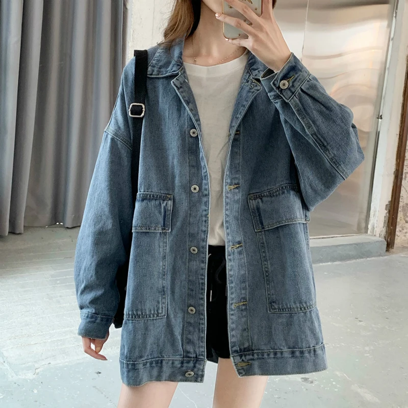 

Retro Denim Jacket Women Oversize Jean Coats 2020 Loose Blue Casual BF Korean Drop-Shoulder Plus Size Streetwear with Big Pocket