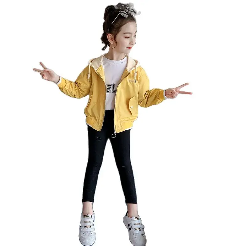 

Spring And Autumn Cotton Blended Girls Jacket Korean Version Printed Cartoon Anime Hooded Casual Top Fashion Children's Clothing