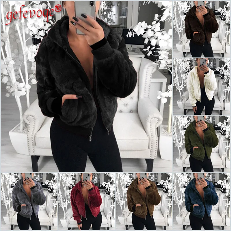 

Women's Solid Color Popularity Patchwork Hoodies Rabbit Fur Faux Fur Plush Cardigan Jacket Fashion Causal All-match Top Clothes