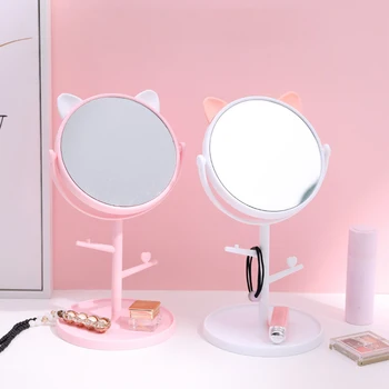 Cute Cat Ear Makeup Mirror With Jewelry Rack Holder 360° Rotation Table Countertop Base Use for Bathroom Desk Cosmetic Mirrors 1