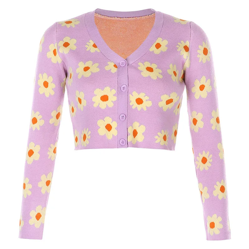 

Zoulv Autumn Knitted Cardigan Flower Purple Wool V-neck Long Sleeve Single-breasted Jacket Joker Street Picnic Beauty Fashion