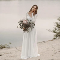 long sleeves lace chiffon beach wedding dresses a line sexy open back white ivory boho bridal gowns cheap country bride dress