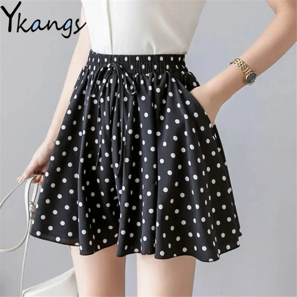 

Dot Black White Pleated Pocket Drawstring Wide Leg Skirt Shorts Summer Elastic High Waist Mom Culotte Women Chiffon Loose Shorts