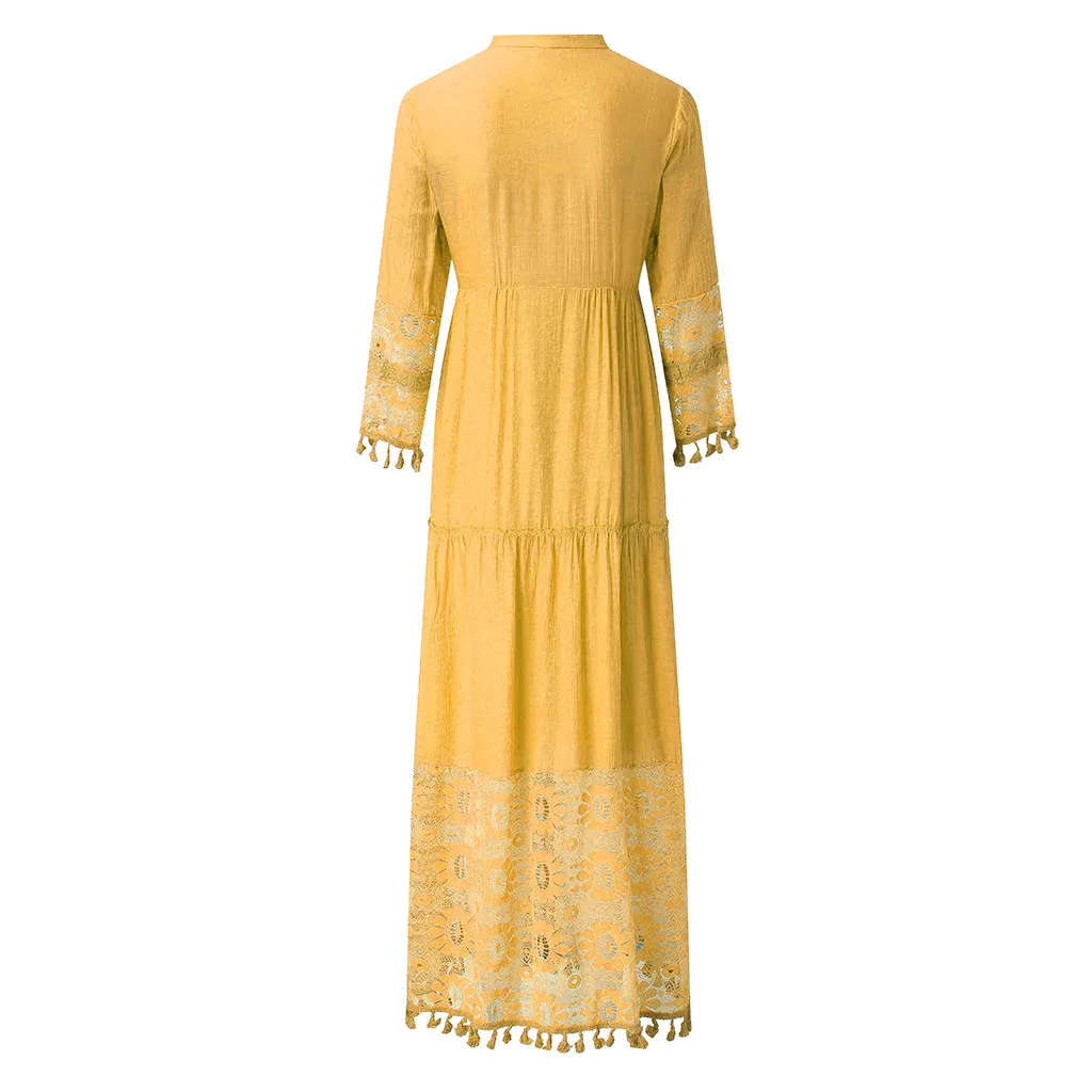 

Women's Dress Casual Bohemian Large Size V-neck Solid Color Lace Tassel Long Dress vestido de mujer robe 2020 New