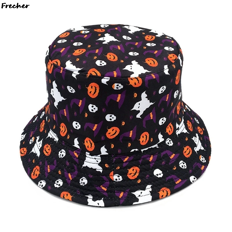 

Double-sided Halloween Pumpkins Fisherman Hat ghost Vintage Print Panama Bucket Hat Bob Chapeau Femme Retro Hip Hop Cap Gorros