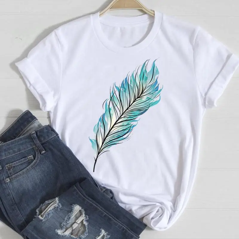 

Women Short Sleeve Feather 90s Style 2021 Fashion Cartoon Summer Graphic T Top Lady Print Tee Female Tshirts Clothes T-Shirt