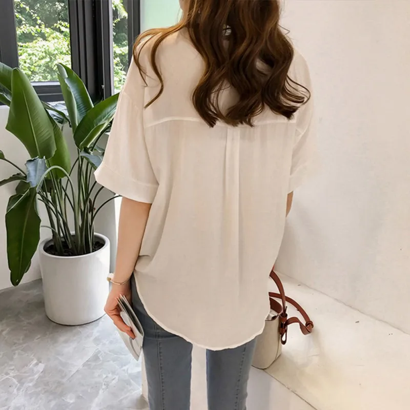 

Women tshirt Stitching Collar Bow Tie Shirt Cotton College Style Five-point Sleeve Loose Thin T-Shirt