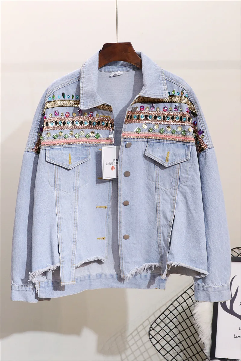 

2020 Real Bomber Jacket Jaquetas Feminino Jeans Women New Heavy Work Beaded Rhinestone Embroidered Lapel Long-sleeved Woman