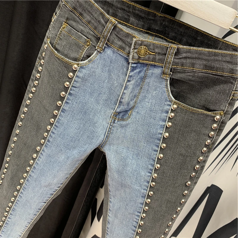 Летние джинсы для женщин высокая талия смешанные цвета бисером узкие брюки